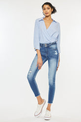 Kancan Women's High Waist Distressed Stretch Jeans with Raw Hem